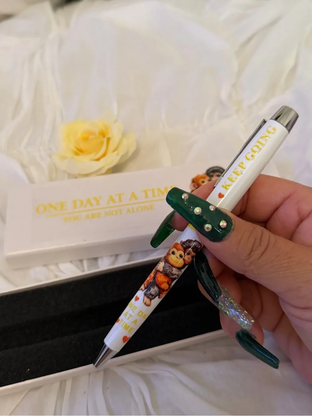 Cute Hugging Monkey Punch Ballpoint Pen White with Box With Phrase Motivational